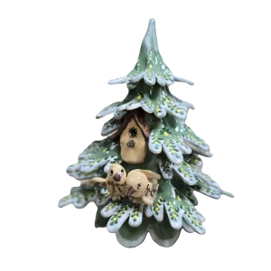 Green Christmas Tree with Birdhouse and Two Birds