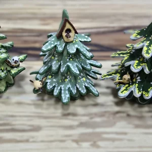 Set of Three Green Christmas Trees with Birdhouses