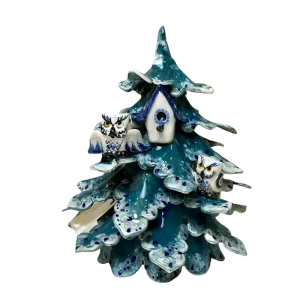 Turquoise Christmas Tree with Owls and Birdhouse